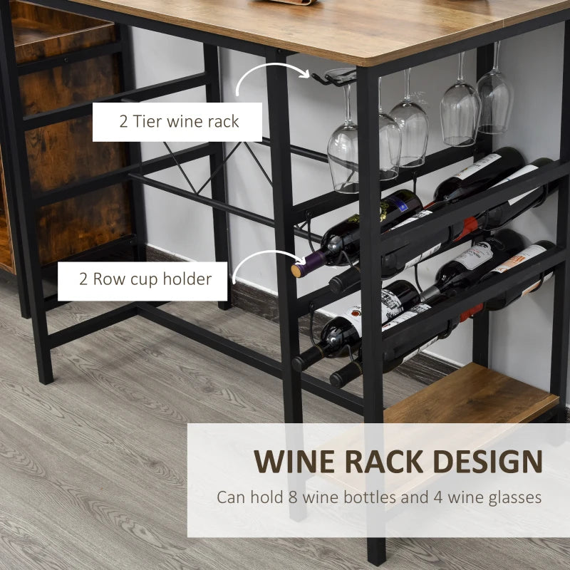 HOMCOM 3 Pieces Dining Table and Chair Bar Bistro Set with 8-bottle Wine Rack and Cup Holder, Metal Frame for Kitchen, Dining Room, Living Room, Pub