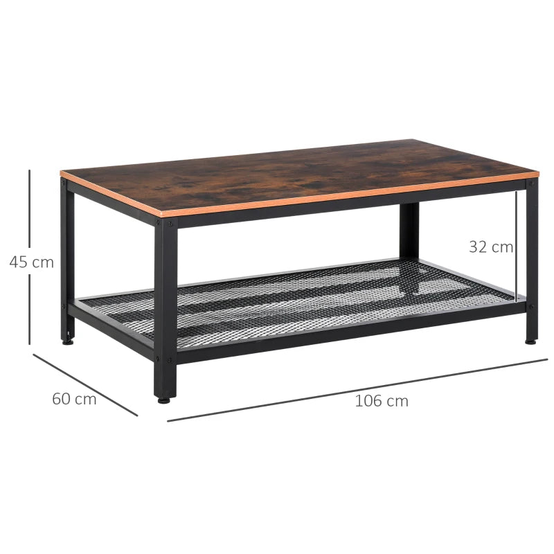 HOMCOM Industrial Coffee Table, 2-tier Coffee Table with Mesh Bottom Shelf and Steel Frame, Retro Living Room Table, Rustic Brown