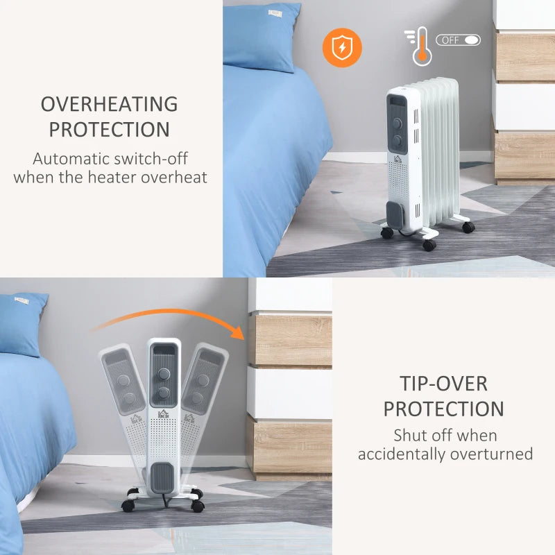 HOMCOM 1630W Oil Filed Radiator with Timer w/ Three Modes Adjustable Thermostat Safety switch, White