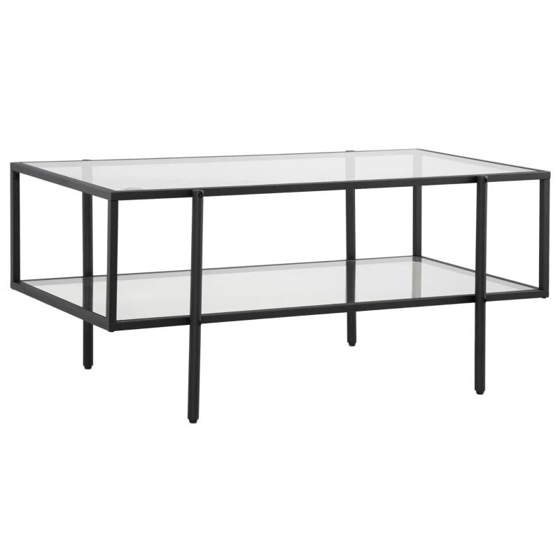 HOMCOM Side Table Glass Coffee Table with Shelf Adjustable Feet with Steel Frame Glass Top Tempered Glass Black 100 x 55 x 45.5 cm