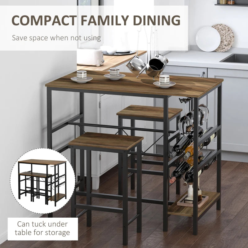 HOMCOM 3 Pieces Dining Table and Chair Bar Bistro Set with 8-bottle Wine Rack and Cup Holder, Metal Frame for Kitchen, Dining Room, Living Room, Pub