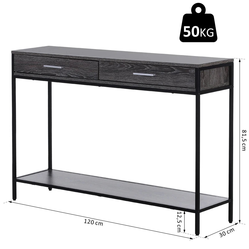 HOMCOM Console Table Worktop Bottom Shelf Home Two Drawer Industrial Minimal Style Grey Wood Tone Effect