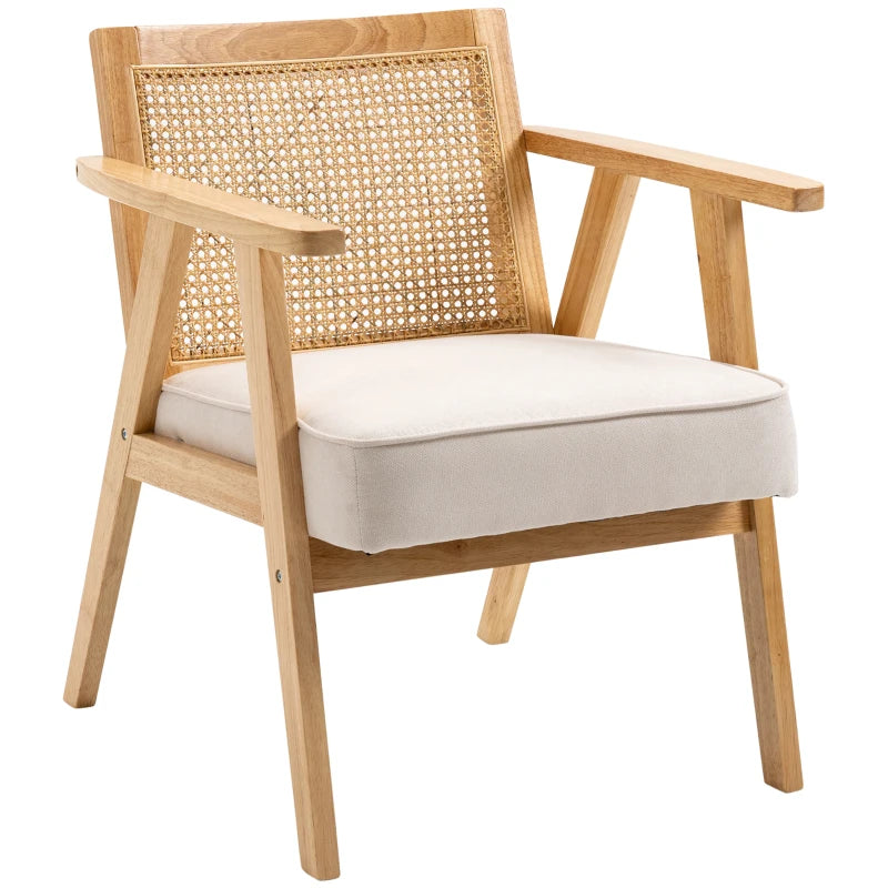 HOMCOM Comfortable Lounge Chair Rattan Chair with Thick Cushion - Rattan Backrest - Deep Seat - Hevea Wood Frame Linen-Look Beige