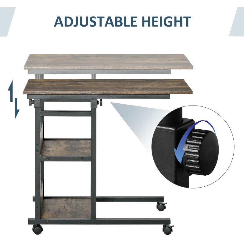 HOMCOM 3-Tier Mobile Side Table, C-Shaped End Table, Industrial Couch Table with Adjustable Height, Storage Shelves, Rustic Brown