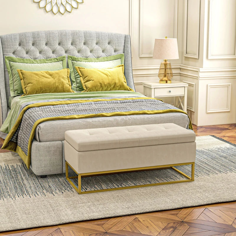 HOMCOM Storage Bench with Upholstered Seat, Decorative Button Tufting, Flannel Look, Gold-tone Steel Legs, 110 x 47 x 46.5 cm