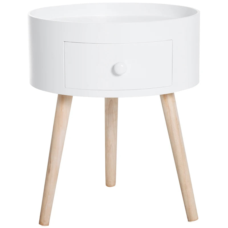 HOMCOM Modern Round Coffee Table Wooden Side Table Living Room Storage Unit w/ Drawer Wood Leg - White