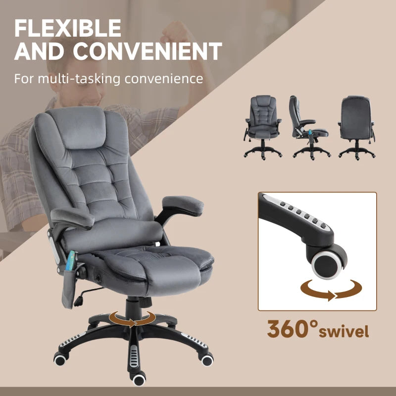 Vinsetto Massage Office Chair Recliner, Ergonomic Gaming Heated Home Office Padded & Swivel Base, Velvet-Feel Fabric, Grey