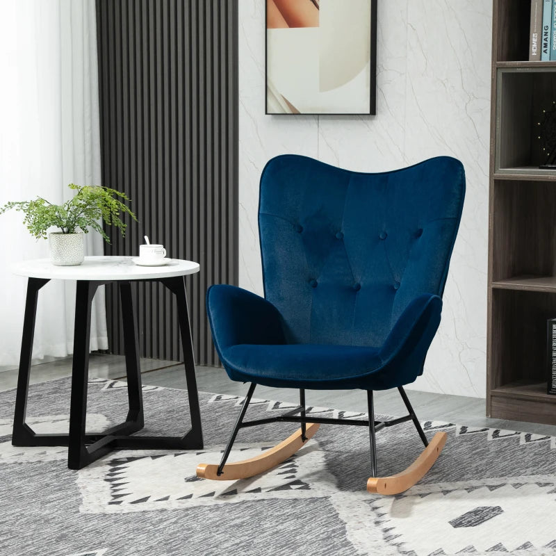 HOMCOM Rocking Chair with Ear Wings Rocking Chair High Comfort Armrests Deep Seat Foam padding Velvet-Look Blue