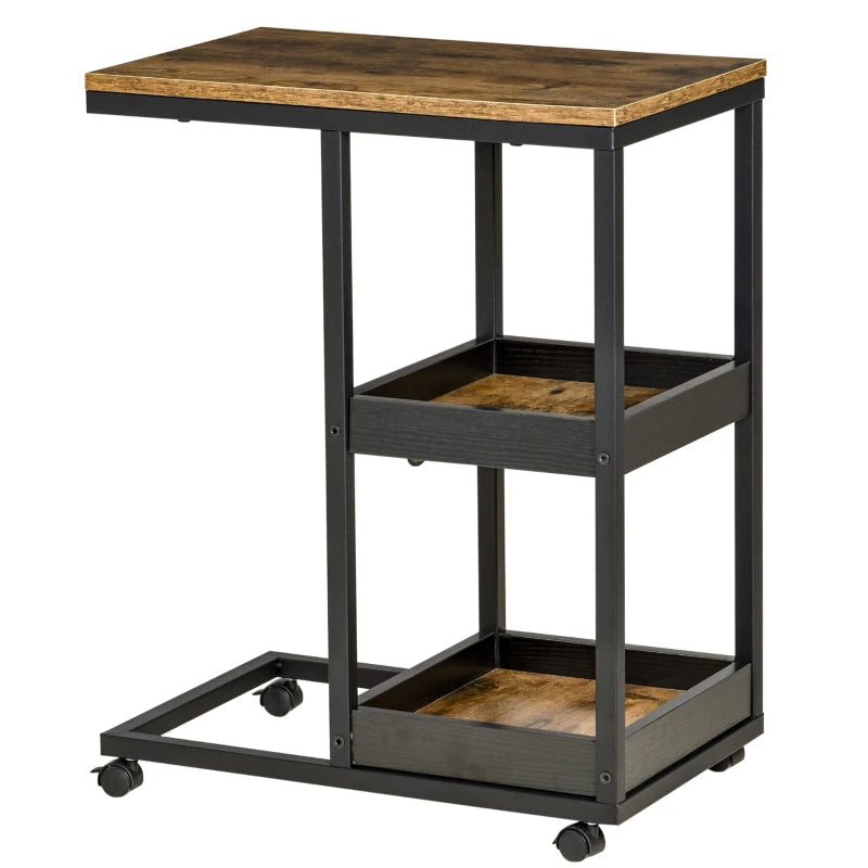 HOMCOM Industrial Mobile Sofa Side Table C-Shaped Rolling Couch Table with 3-Tier Storage Shelving Four Lockable Wheels Steel Frame - Brown