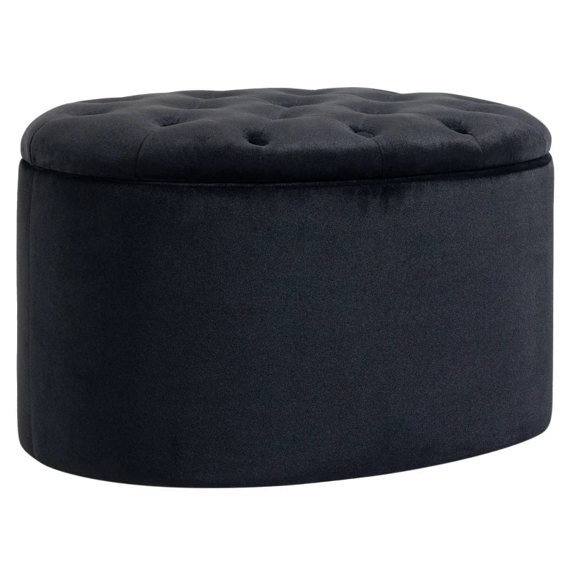 HOMCOM Bench Upholstered Ottoman with Storage Chest Oval Shape Entryway Bedroom Living Room Velvet-like Polyester Black 71 x 52 x 42 cm