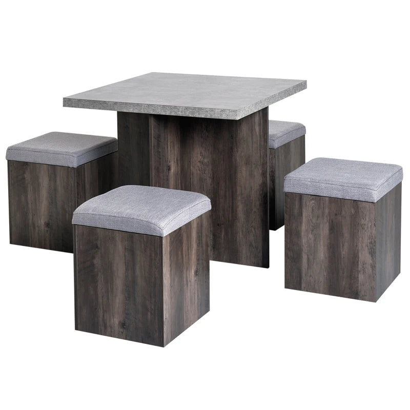 HOMCOM 5 piece Dining Set, Dining Table and 4 Storage Ottoman Stools with Cushions, Space Saving Design, Grey