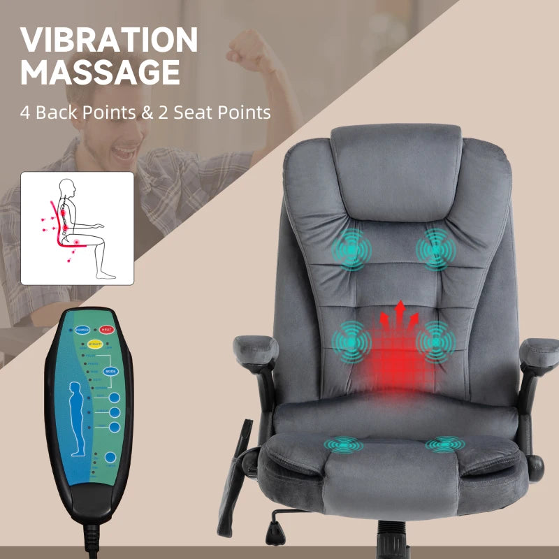 Vinsetto Massage Office Chair Recliner, Ergonomic Gaming Heated Home Office Padded & Swivel Base, Velvet-Feel Fabric, Grey