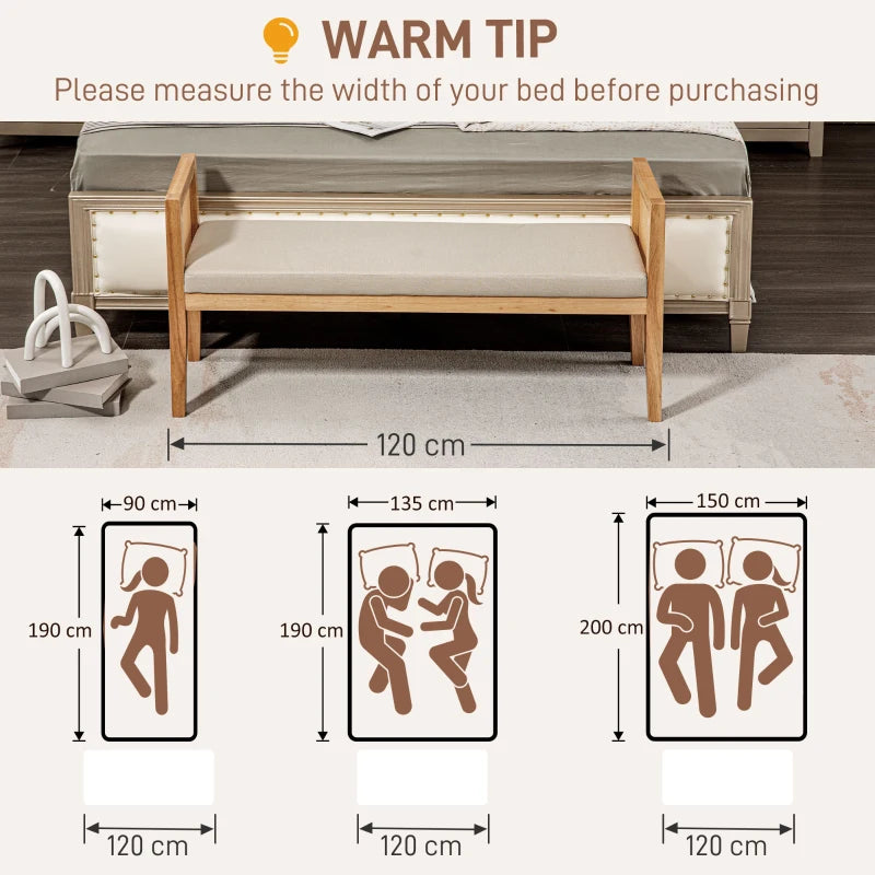 HOMCOM Linen-Look End of Bed Bench with Rattan Armrests and Solid Wood Frame 120 x 38 x 61.5 cm Beige
