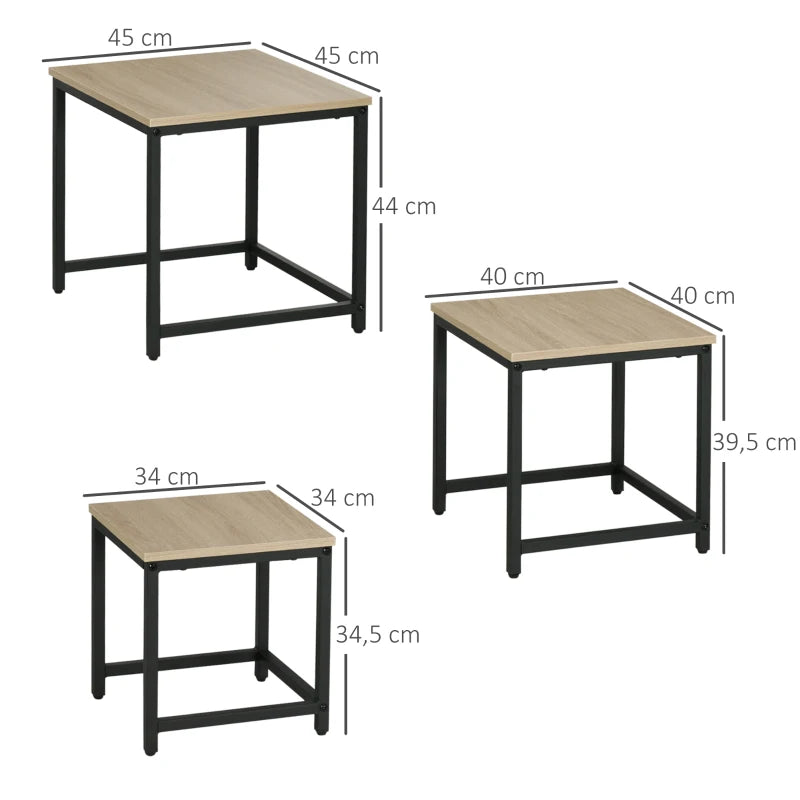HOMCOM Set of 3 Nesting Tables, Industrial Design, Black Steel Frame, Wood-look Tabletop