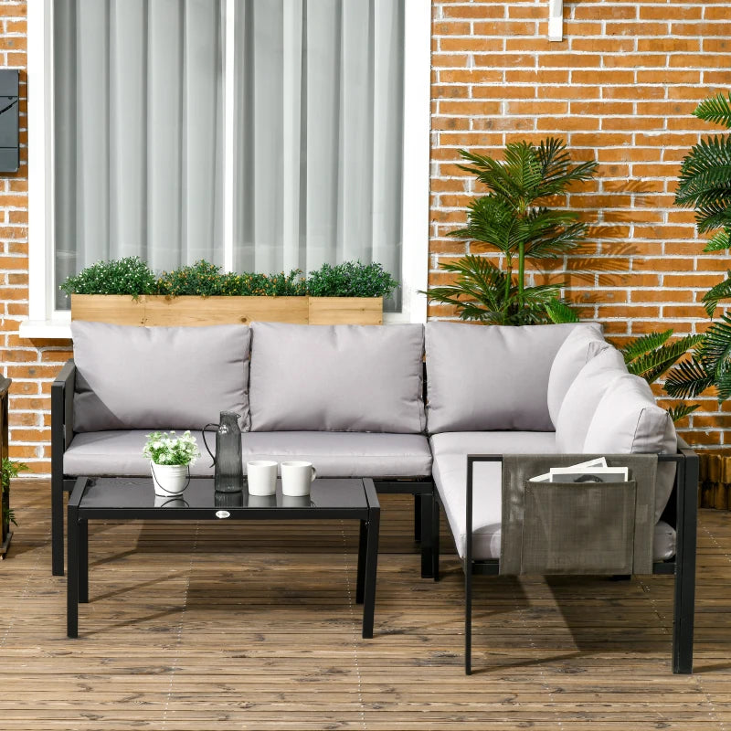 Outsunny 4 Piece Metal Garden Furniture Set, Includes Tempered Glass Coffee Table, Breathable Mesh Pocket, Outdoor Conversational Corner Sofa Loveseat, with Padded Cushions - Light Grey