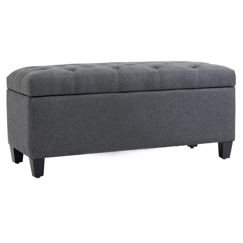 HOMCOM Upholstered Storage Bench Ottoman Classic Design with Linen-Like Fabric and Rubberwood Legs, Dark Grey