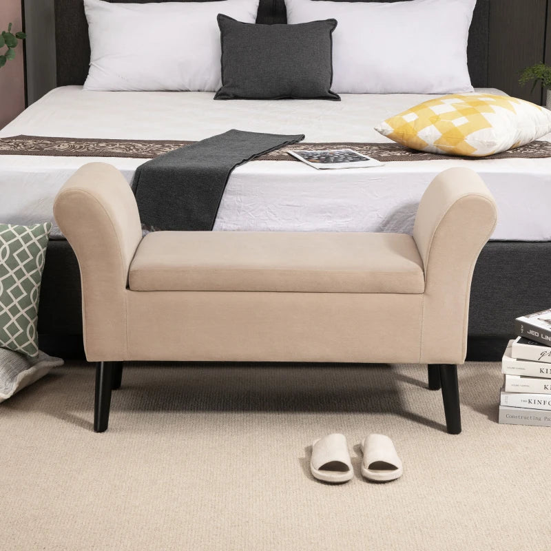 HOMCOM Ottoman Bench with Storage Armrests Chest Bench Modern Hallway Bedroom Living Room Velvet Polyester Rubberwood Beige 111.5 x 41 x 65 cm