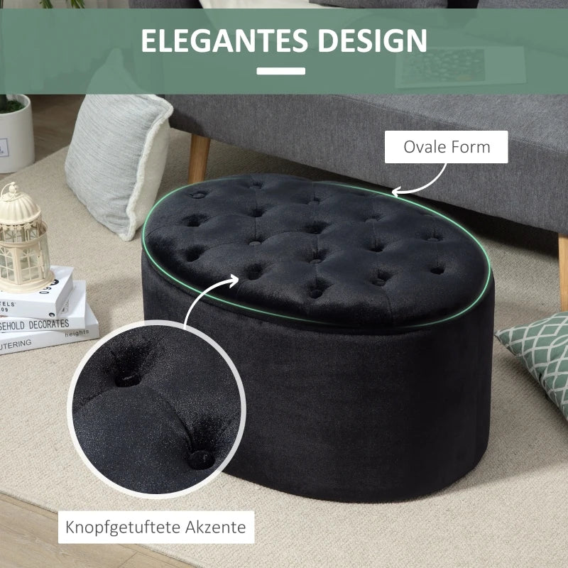 HOMCOM Bench Upholstered Ottoman with Storage Chest Oval Shape Entryway Bedroom Living Room Velvet-like Polyester Black 71 x 52 x 42 cm