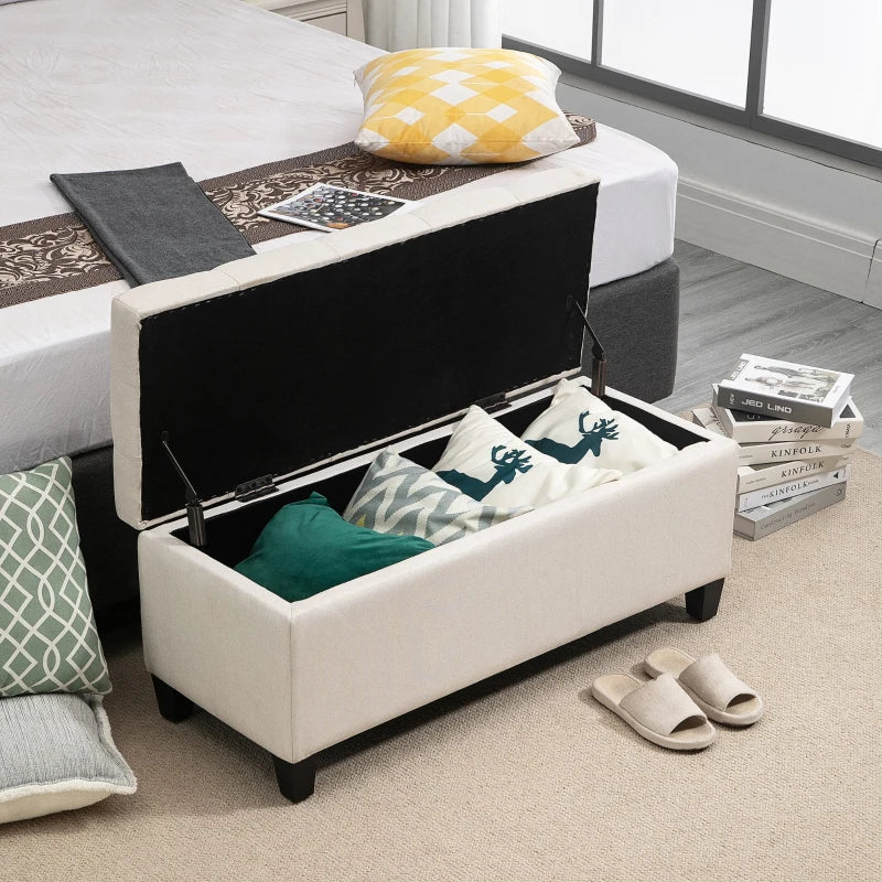 HOMCOM Bench with Storage Upholstered Bench Storage Chest Entryway Living Room Linen-like Polyester Rubberwood Cream White 100 x 40 x 44 cm