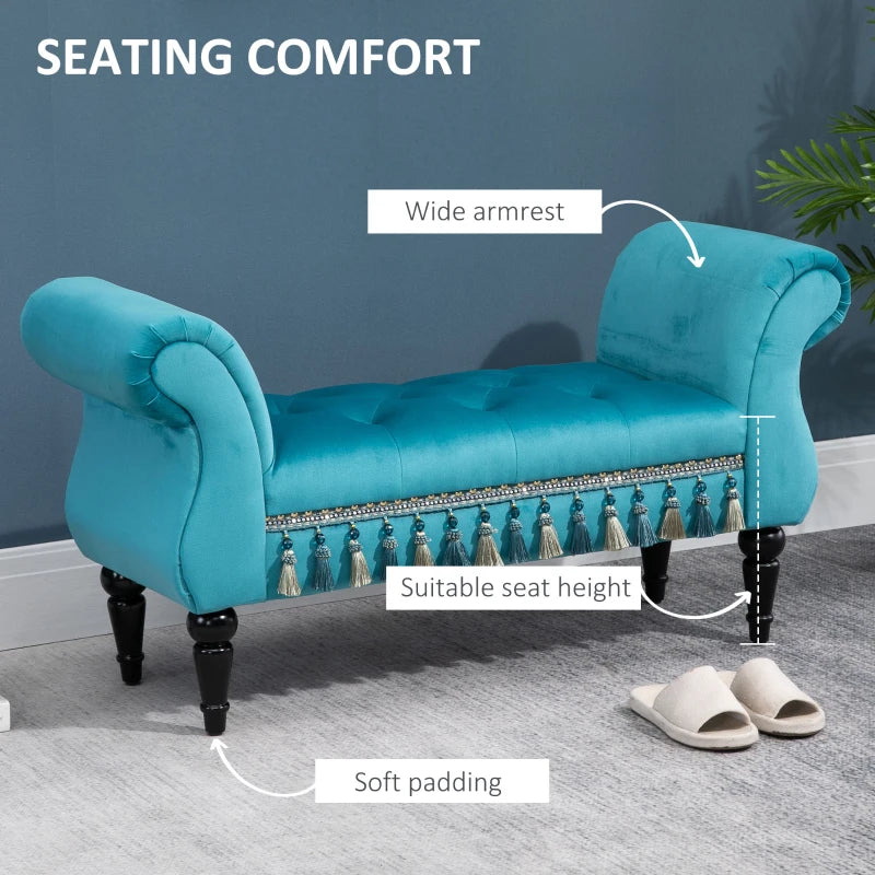 HOMCOM Bed End Bench, Vintage Bench Seat with Armrest and Button Tufted, Velvet Upholstered Footstool for Bedroom, Blue