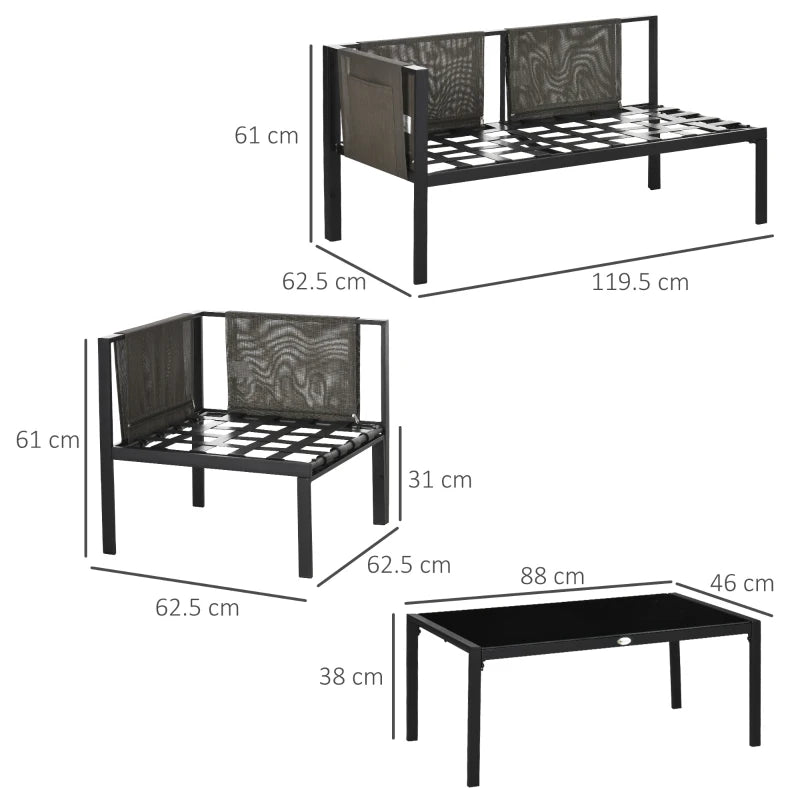 Outsunny 4 Piece Metal Garden Furniture Set, Includes Tempered Glass Coffee Table, Breathable Mesh Pocket, Outdoor Conversational Corner Sofa Loveseat, with Padded Cushions - Light Grey