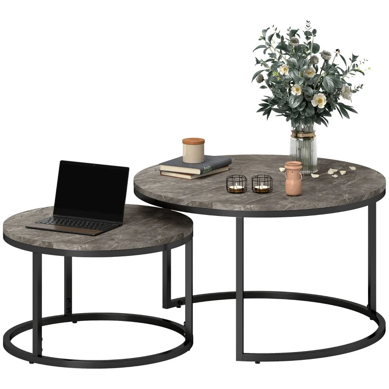 HOMCOM Industrial Nesting Coffee Table Set of 2, Round Coffee Tables, Living Room Table with Faux Marbled Top and Steel Frame
