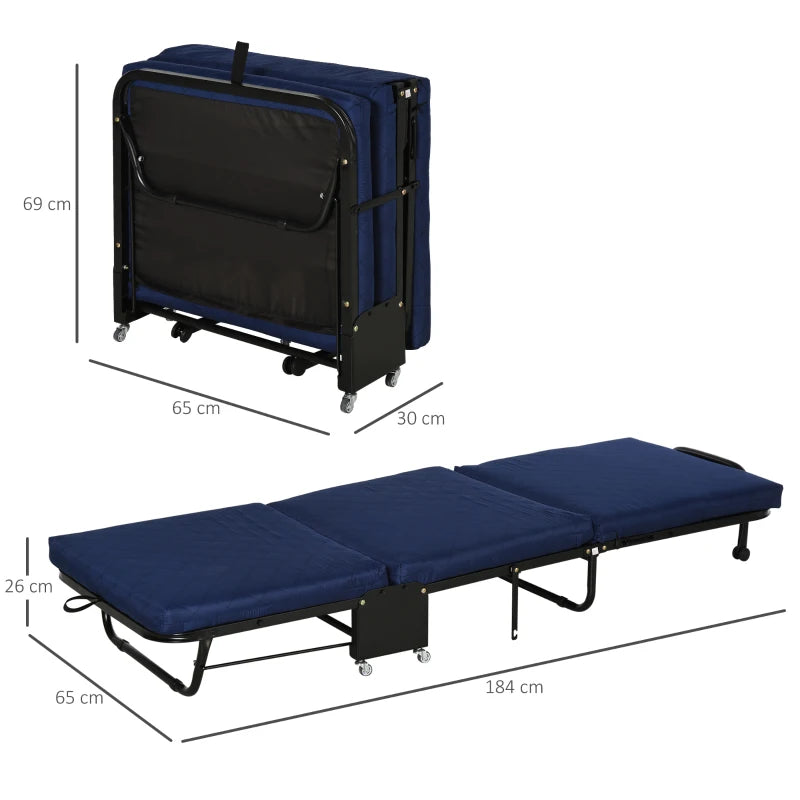 HOMCOM Foldable Guest Bed with 2.25 Inch/6cm Mattress and Adjustable Headrest with 5 Caster Wheels for Easy Storage