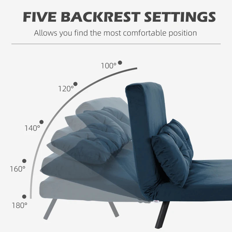 HOMCOM 2-Seater Convertible Sofa Bed with Adjustable 5-Level Backrest and 2 Padded Cushions, Velvet-like Fabric, Blue