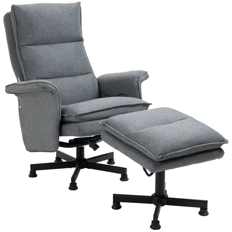 HOMCOM Swivel Recliner Chair and Footstool, Upholstered Massage Recliner Armchair with Remote Control, Timer and Steel Base, Grey