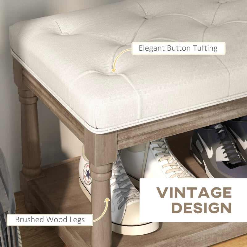 HOMCOM Tufted 2-Tier Shelf Shoe Bench 115 cm End of Bed Linen Upholstered Carved Wood Legs Linen Beige