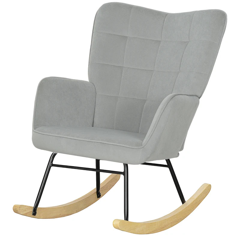 HOMCOM Rocking Chair, Thick Padding, Wide Backrest, Beech Wood/Steel Frame, Supports up to 120 kg, Light Gray
