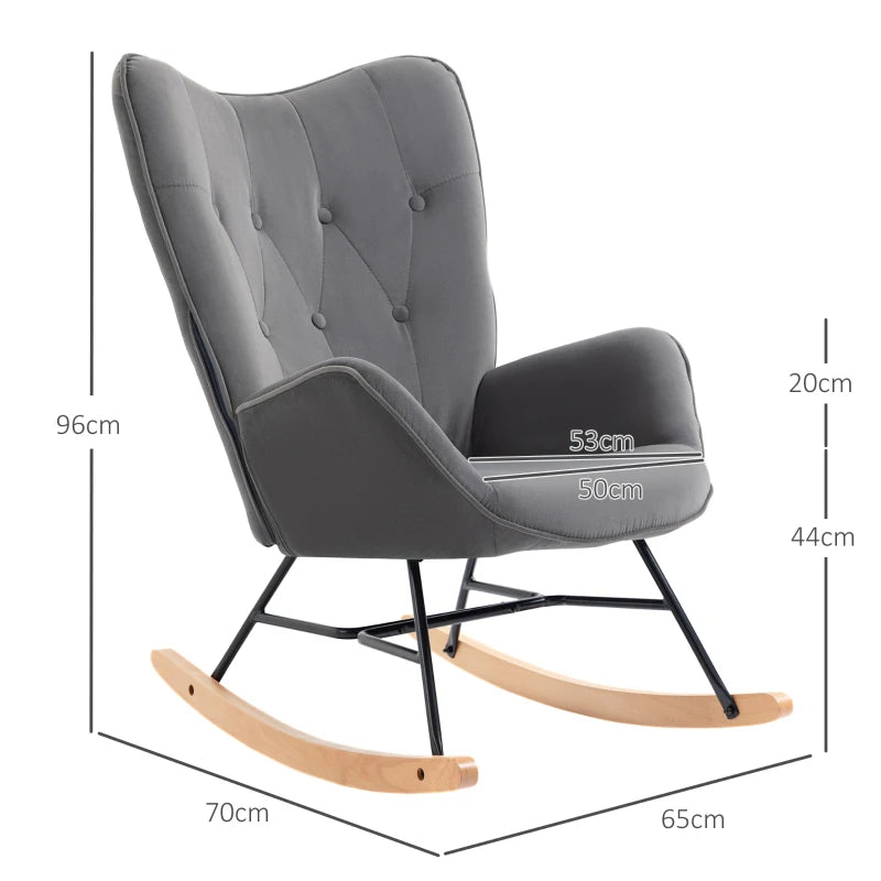 HOMCOM Rocking Chair with Steel Frame Upholstered Relax Armchair Lounge Chair Living Room Chair with Padded Seat Velvety Polyester Rubberwood Metal Dark Gray+Natural 65 x 70 x 96 cm