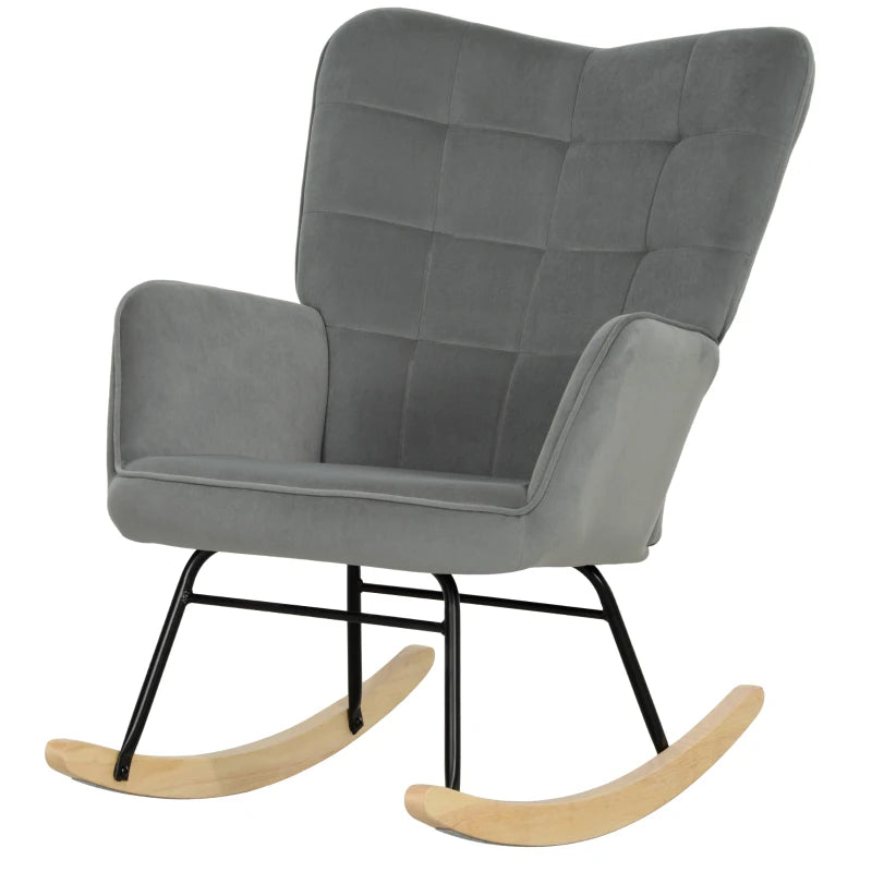 HOMCOM Vintage Rocking Chair, Curved Rockers, Thick Padding, Beechwood & Steel, Dark Gray
