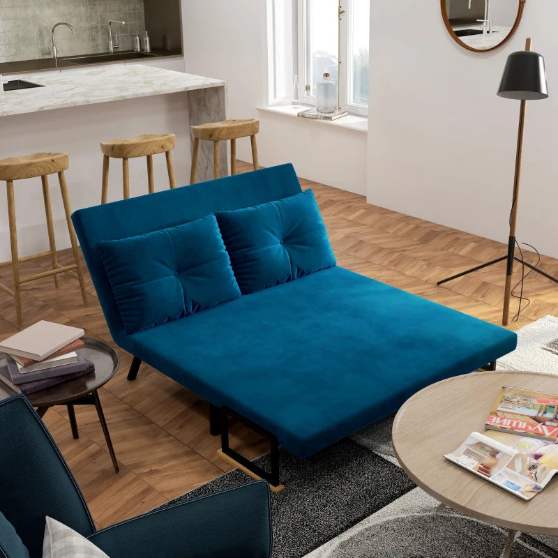 HOMCOM 2-Seater Convertible Sofa Bed with Adjustable 5-Level Backrest and 2 Padded Cushions, Velvet-like Fabric, Blue