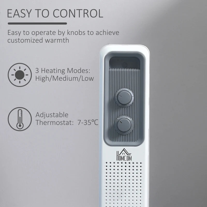 HOMCOM 1630W Oil Filed Radiator with Timer w/ Three Modes Adjustable Thermostat Safety switch, White