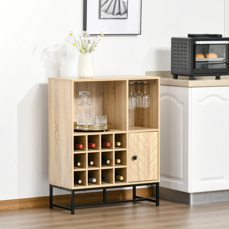 HOMCOM Wine Cabinet for 12 Bottles, Freestanding Wine Rack Sideboard Serving Bar with Glass Holders, Brown