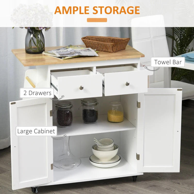 HOMCOM Kitchen Island Storage Cabinet Rolling Trolley with Rubber Wood Top, 3-Tier Spice Rack, Large Cabinet & Drawers