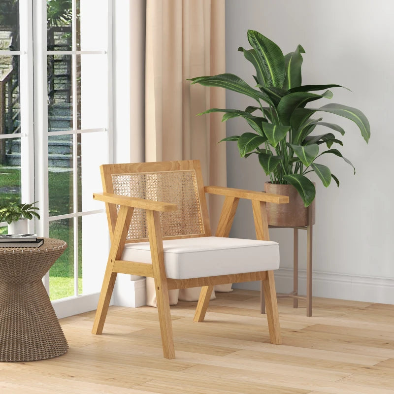 HOMCOM Comfortable Lounge Chair Rattan Chair with Thick Cushion - Rattan Backrest - Deep Seat - Hevea Wood Frame Linen-Look Beige