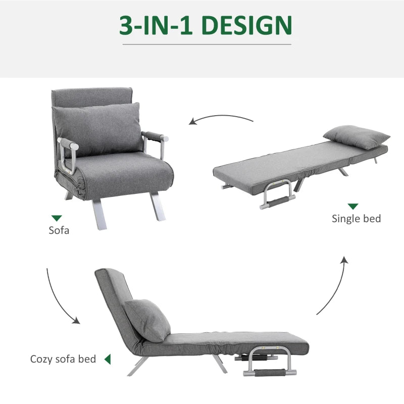 HOMCOM Sleeper Chair with Armrest 3-in-1 Sofa Bed Guest Bed Folding Mattress Folding Bed Chaise Longue Multifunction linen-like Polyester Gray 65 x 69 x 80 cm