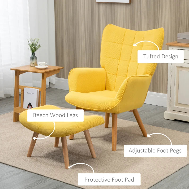 HOMCOM Modern Accent Chair with Ottoman, Living Room Chairs with Steel Frame, Wooden Legs for Living Room, Study, Bedroom and Home Office, Yellow