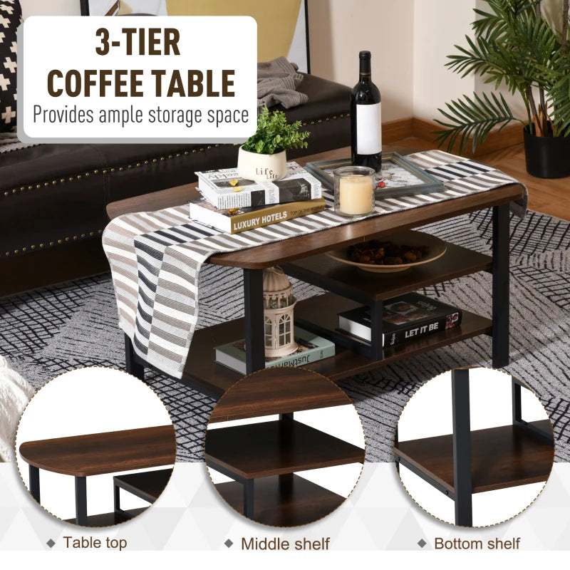 HOMCOM Industrial Coffee Table, Rectangular Sofa Table with Storage Shelves for Living Room, Bedroom, Office, Brown