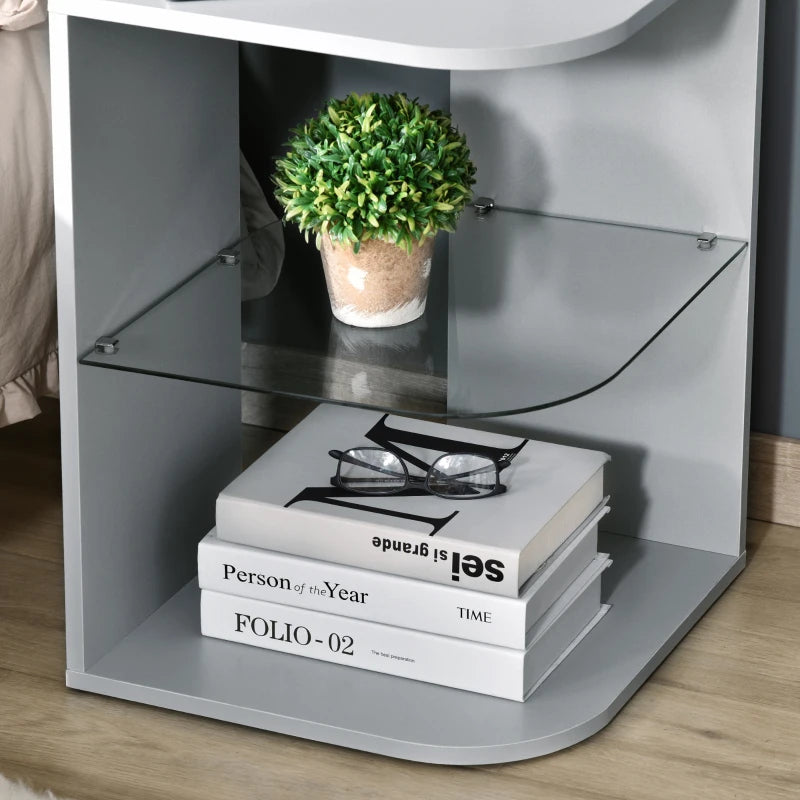 HOMCOM Modern Side Table, 3-tier Bedside Table, Nightstand with 2 Storage Shelves, Glass Shelf for Living room, Bedroom, Corner, Grey
