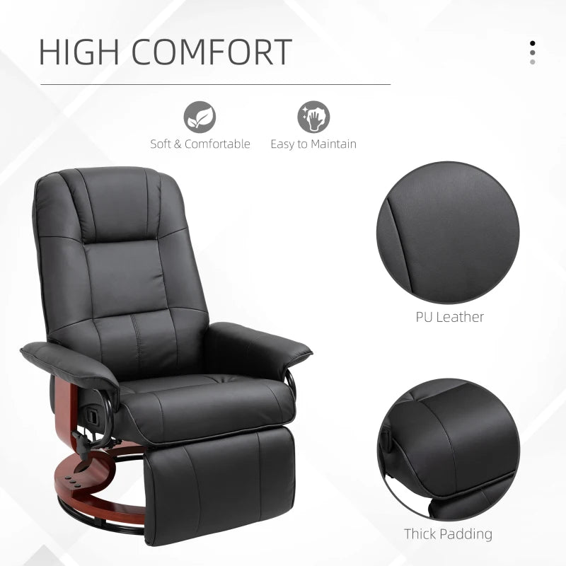 HOMCOM Black Recliner Chair, PU Leather Swivel Seat with Wooden Base