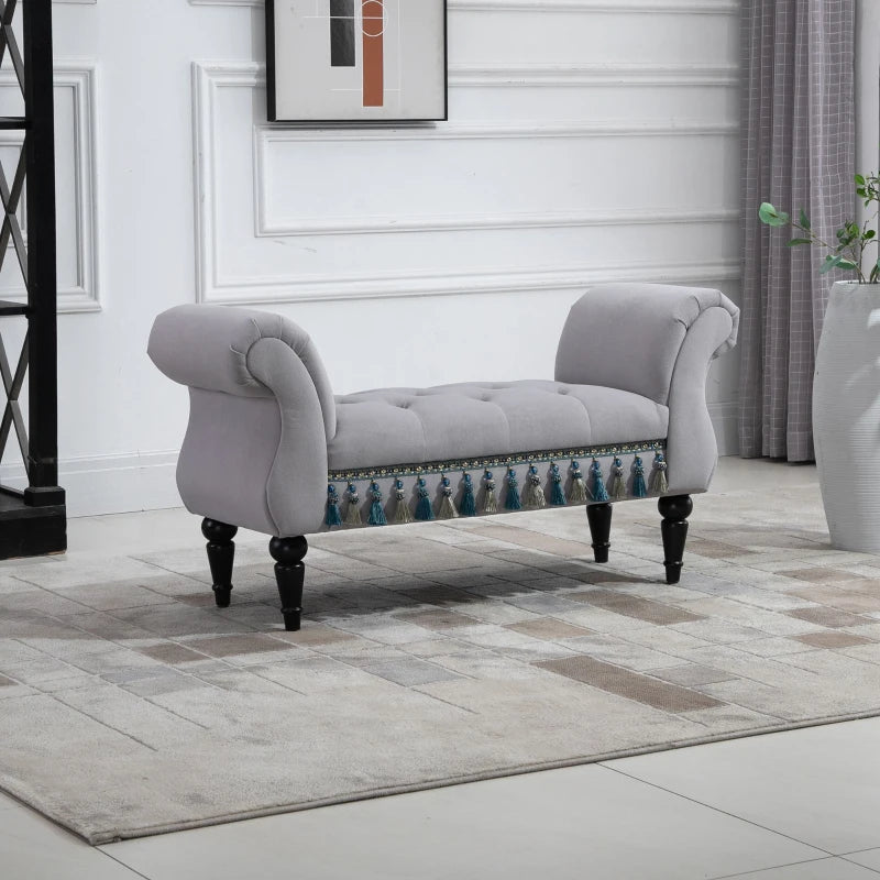 HOMCOM Vintage Bed End Bench with Armrest Tufted Footrest Stool Upholstered Bedroom Imitation Velvet Grey 117 x 40 x 58 cm