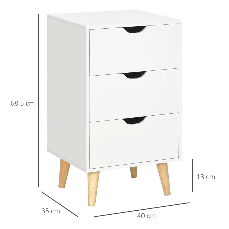 HOMCOM Bedside Table, Bedside Cabinet with 3 Drawers, Small Side Table with Wood Legs and Cut-out Handles for Bedroom, White