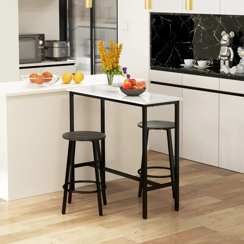 HOMCOM Bar Set for 2 Persons, 1 Table with 2 Bar Stools, White Marble Look Tabletop, Steel Frame