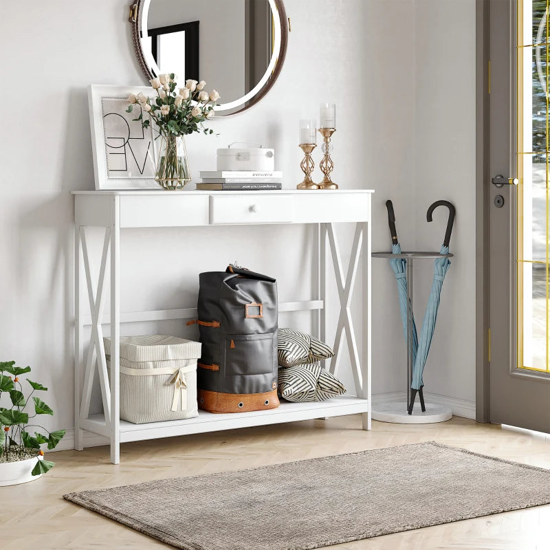 HOMCOM Wooden Console Table with 1 Drawer and 1 Storage Shelf for Living Room Entryway, 100cm x 30cm x 81cm, White