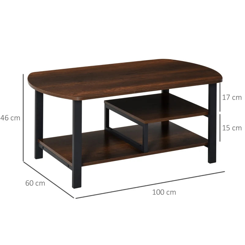 HOMCOM Industrial Coffee Table, Rectangular Sofa Table with Storage Shelves for Living Room, Bedroom, Office, Brown