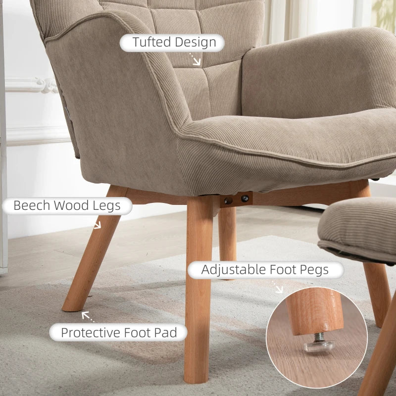 HOMCOM Accent Chair with Ottoman, Lounge Chair in Corduroy Look, Armchair with Wooden Legs, for Living Room, Light Brown