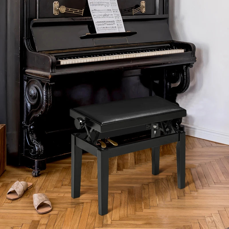 HOMCOM Piano Bench, Piano Stool, Height Adjustable, Elegant High Gloss, Faux Leather+Rubberwood, Black, 63 x 33 x 56cm